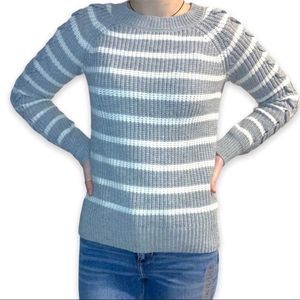 SO Junior's Small Gray & White Striped Knit Pullover Sweater Laced-up sleeves